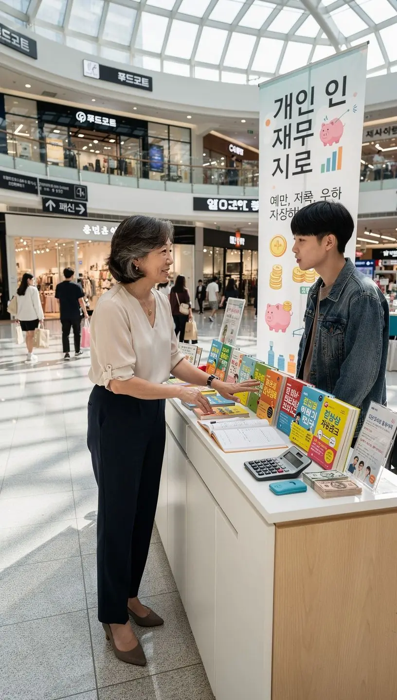 Stánok v nákupnom centre s knihami o osobných financiách a vzdelávacími materiálmi vystavenými na pulte.