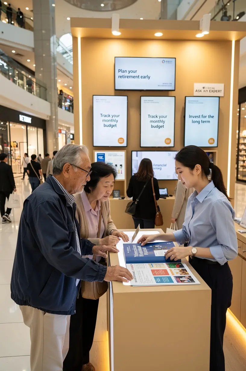 Poradca pri živom konzultačnom stole vysvetľuje základy rozpočtovania skupine návštevníkov.